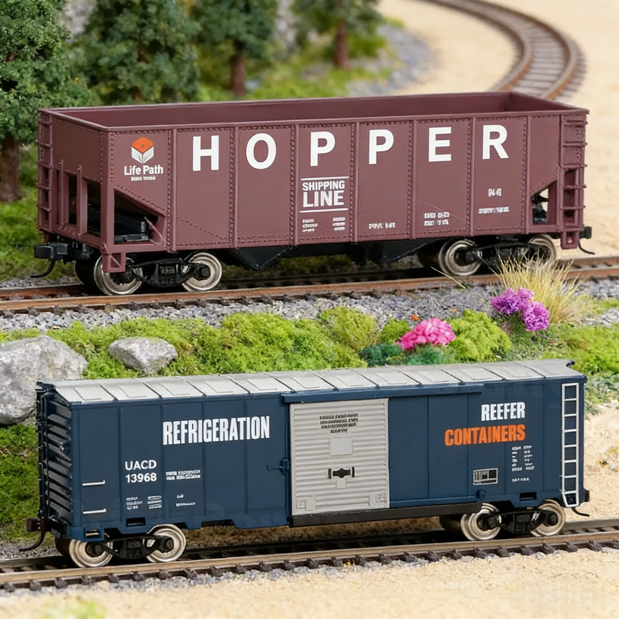 HO Scale 1:87 Red Train Coal Carrier Model And Blue Train Carriage With Sliding Operating Door(With two Hooks)