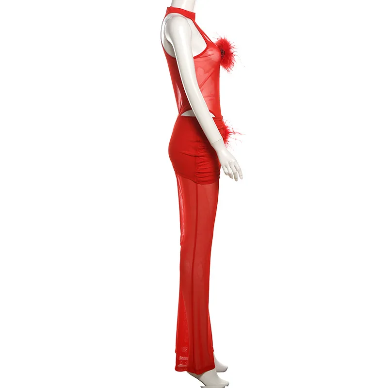 Feathers Diamonds Sheer Mesh 2 Piece Set Women Sexy Sleeveless Bodysuits Top + Lapel Ruched High Waist Flare Pants Clubwear Suit