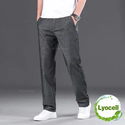 Summer Thin Men's Casual Straight Jeans Classic High Waist Ice Silk Drape Business Loose Denim Pants Black Blue Brand Trousers