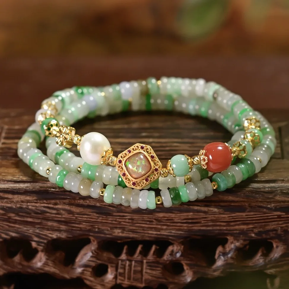 Natural A‑Grade Tri‑Color Jade Double‑Loop Bracelet,Freshwater Pearl South Red Agate,S925 Gold‑Plated Vintage Bangle Women Gift