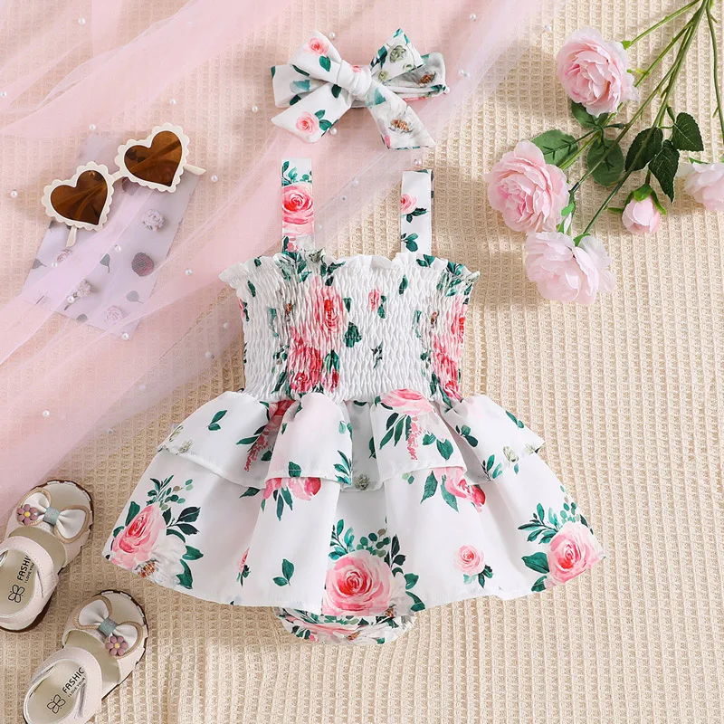 Toddler Girls Sleeveless Floral Romper with Matching Headband Set for Summer Casual Wear and Playtime