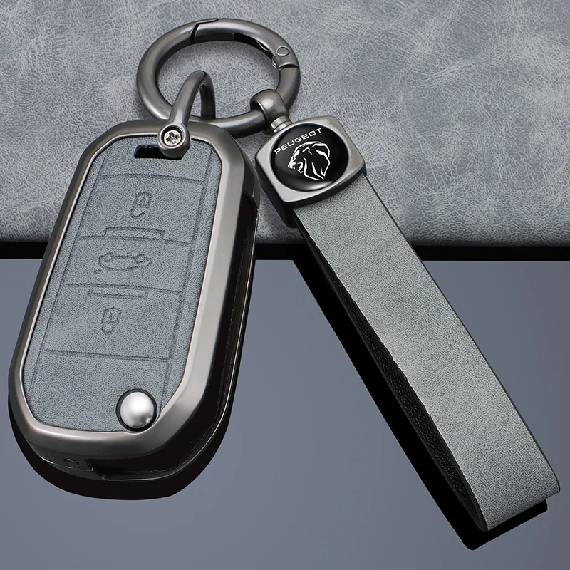 Zine Alloy Leather Car Key Case Full Cover Shell Holder Protection Fob For Peugeot 208 308 408 508 2008 3008 4008 5008 Accessory