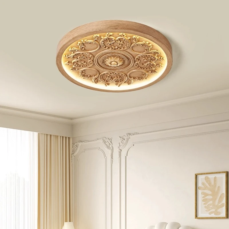 French Cream Style Art Carving Flower Ceiling Lights Simple Circular Imitation Wood Color LED Ceiling Lamps Kitchen Dining Hall
