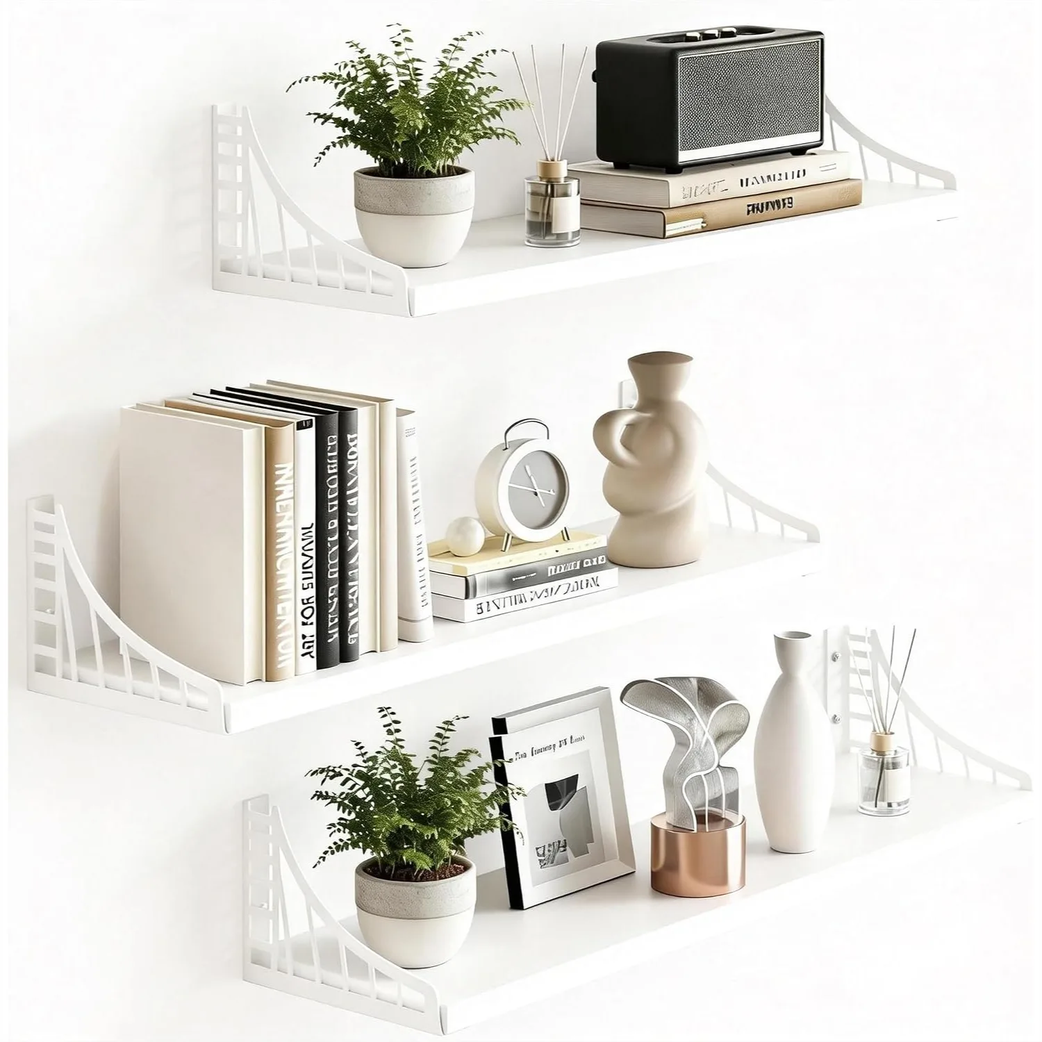 

Floating Shelves for Wall Decor, Bridge Design Solid Wood Shelves Set of 3 for Bedroom, Living Room, Kitchen