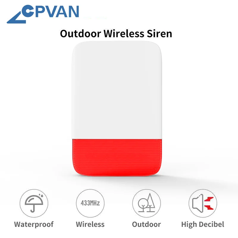 CPVAN Wireless Outdoor Siren 433Mhz Loudspeaker higt decibel Waterproof Strobe Siren Alarm EU plug For Home Burglar Alarm system