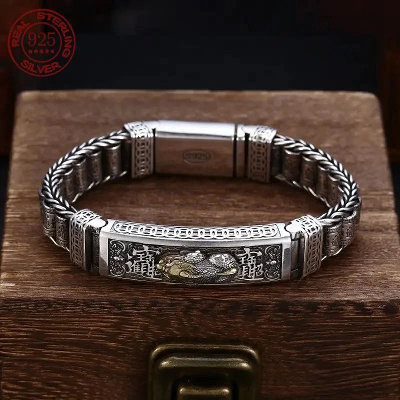 100% Real Solid S925 Silver Retro Lucky Pixiu Man Bracelet Thick Style Domineering Trend Personality Jewelry