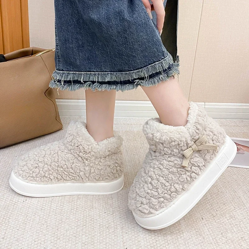 2024 Winter Warm Shoes Women Men Indoor Cotton Slippers Soft Plush Platform Sole Couples Home Street  Fluffy Footwear