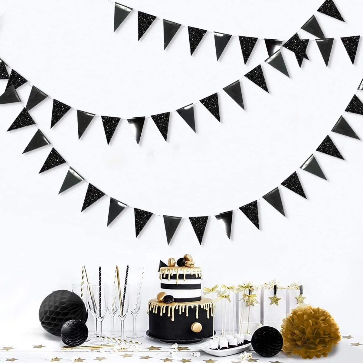 Czarne dekoracje imprezowe wisząca brokatowa girlanda na urodziny trójkątny baner papierowe flagi ukończenie szkoły trznadel Streamer Party Decor
