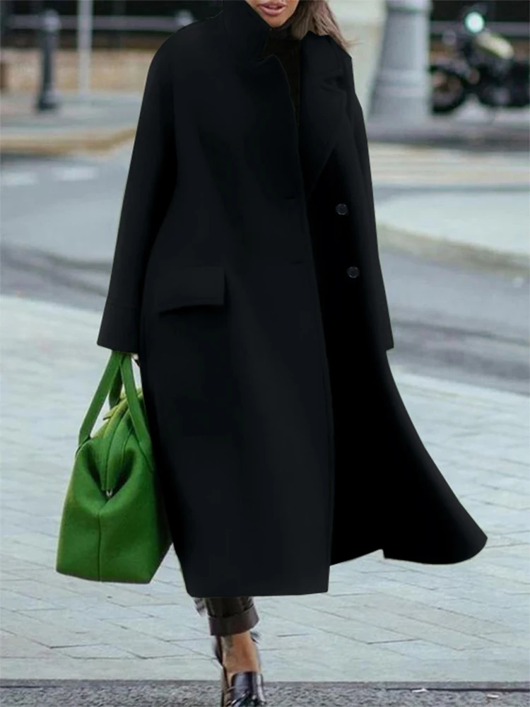 

Plus Size Fall/Winter New Arrival Women's Solid Color Long-Sleeve Collared Single-Breasted Coat with Pockets