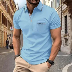 Sommer Neue männer kurzarm Polo-Shirt Halb Zipper Farbe Block Tasche Polo-Shirt Mode Lässig Polo Kragen Hemd