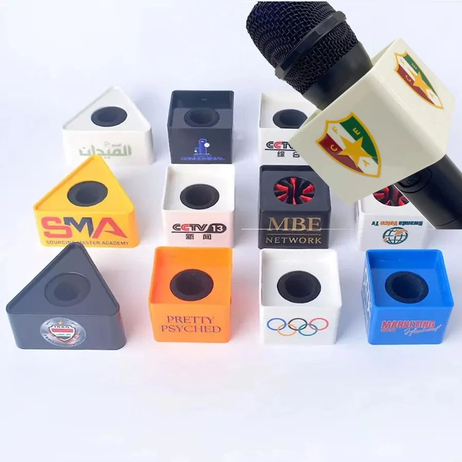 

DIY треугольный микрофон, флаг с принтом логотипа, микрофонная коробка для интервью, чехол для телевизора, индивидуальный логотип, настройка флага станции