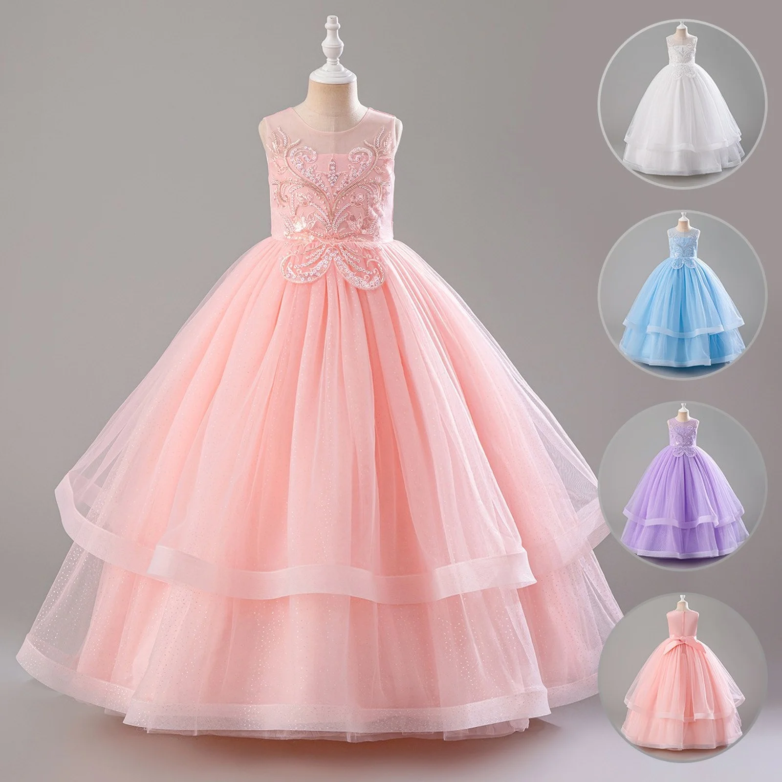 Lilac Flower Girl Dress Tulle Sleeveless With Bow Floor Length For Wedding Birthday Beaded Appliques Tiered Birthday Dress