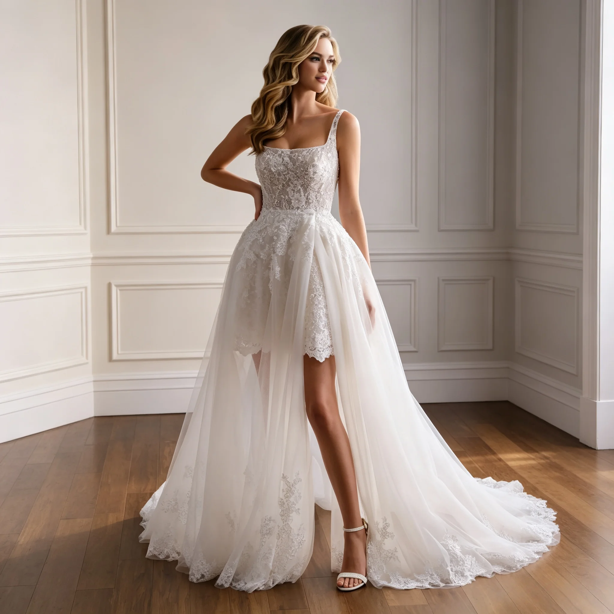 Square Neck Lace Sequin Wedding Dress Detachable Tulle Overskirt Mini A-Line Two-In-One Bridal Gown Customizable