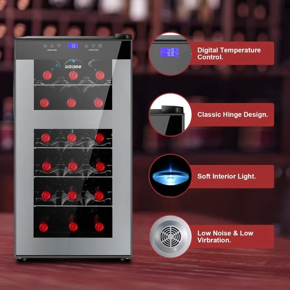 Refrigerador de doble zona para vino, 18 botellas, zona superior, 46f-54f, zona inferior, 54f-65f, rojo y blanco