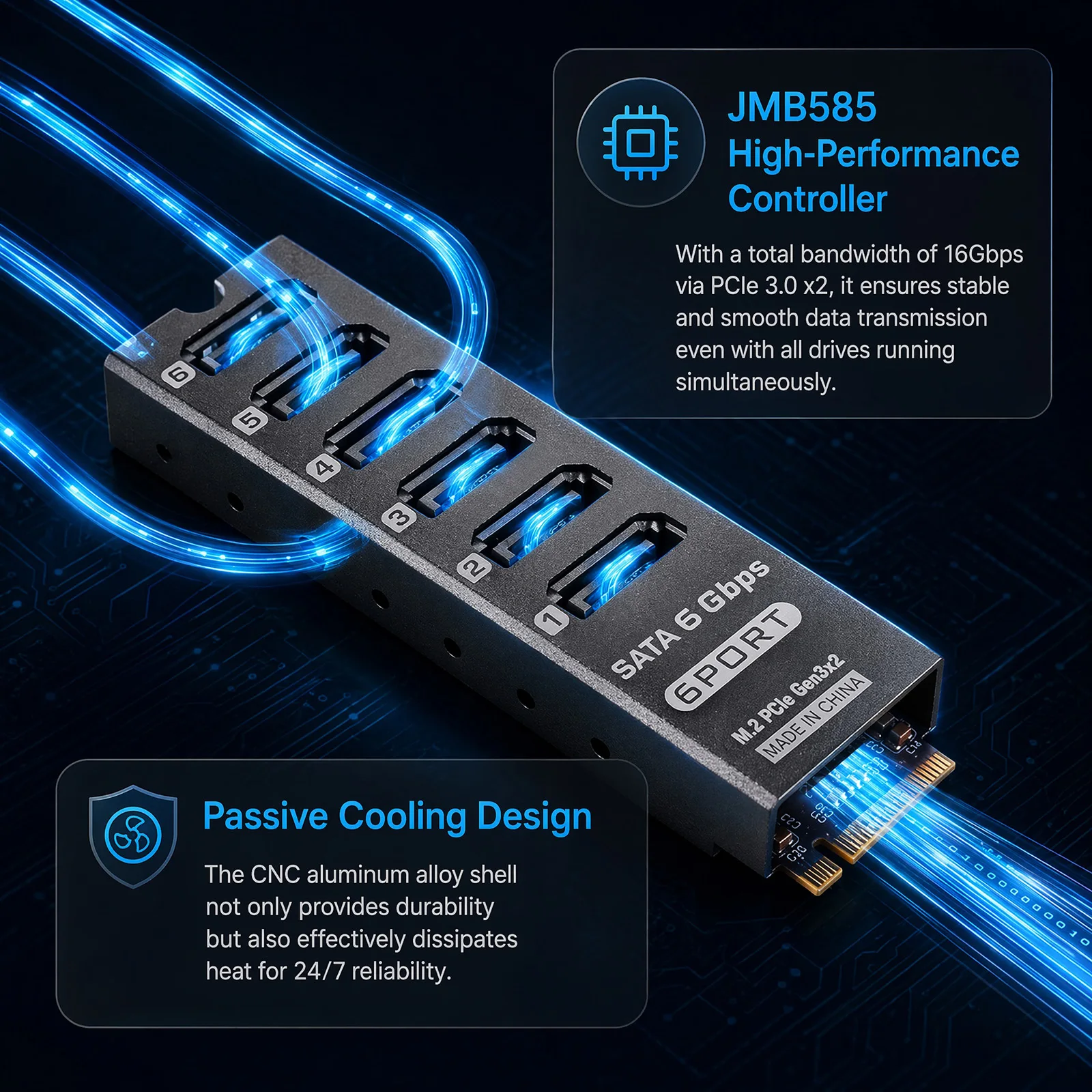 6 Port SATA 6Gbps PCIe 3.0 Expansion Card ASM1166 NAS HDD SSD Port Multiplier Support Aluminum Alloy Storage Controller