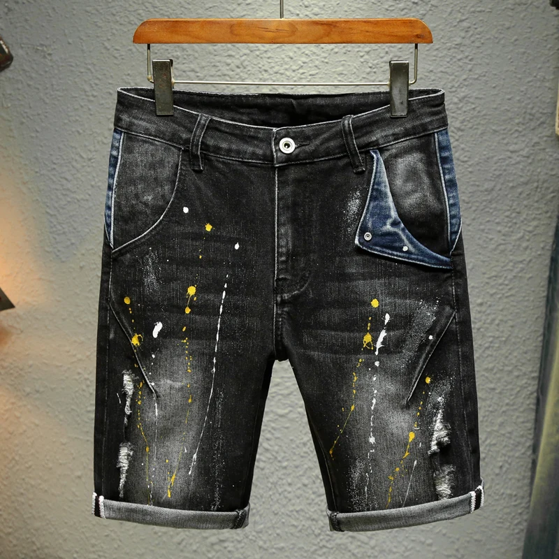 

Retro black distressed embroidery summer thin straight leg distressed jeans for men stretch denim shorts jeans men clothing