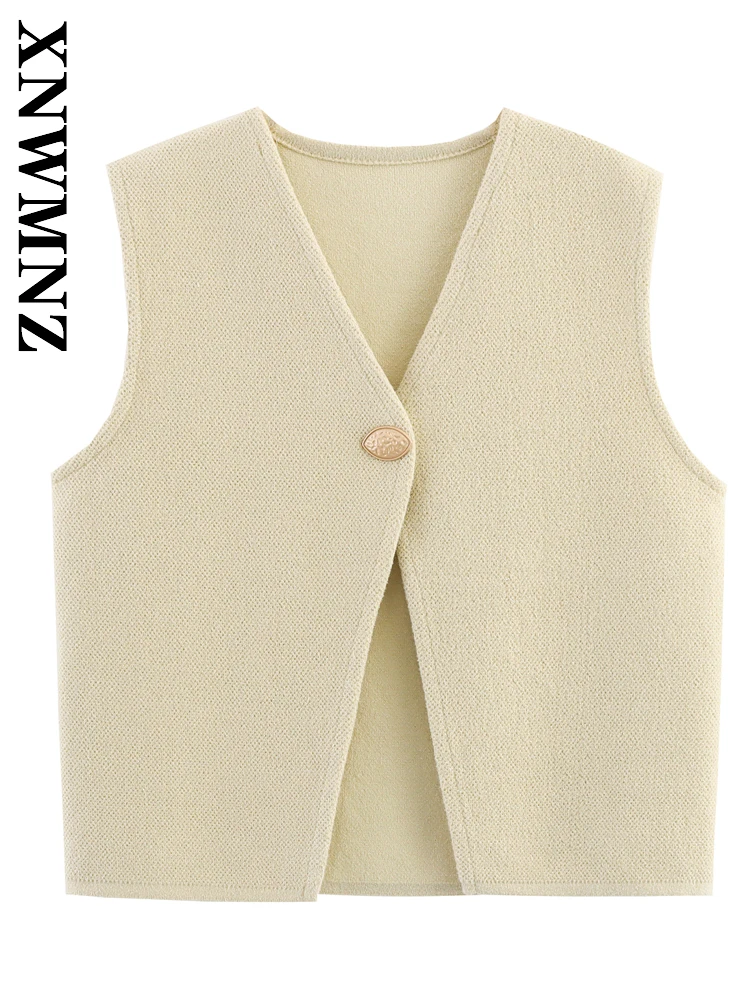 

XNWMNZ 2025 Summer New Product Lady Fashion Vintage One Buttons V-Collar Knit Top Simple Chic Woman's Sleeveless Casual Gilet