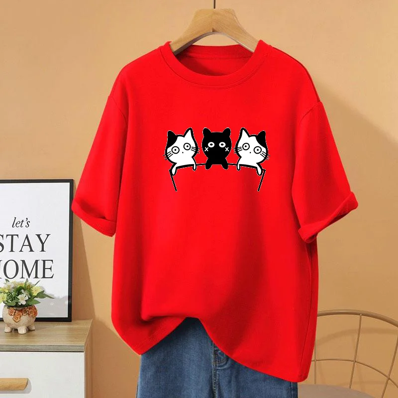 

Women Clothing Casual Loose O-neck Short Sleeve T-shirt, Summer Vintage 100% Cotton Top Tee, Cartoon Printing Basic Pullovers