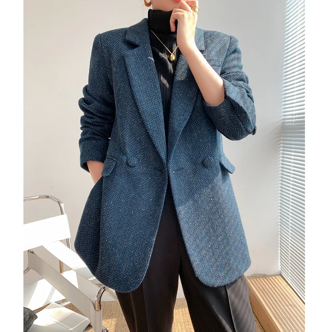 Blazer Women Woolen Jacket Blazer Loose Blue Winter 2024 Casual Woollen Suit Jackets Coat