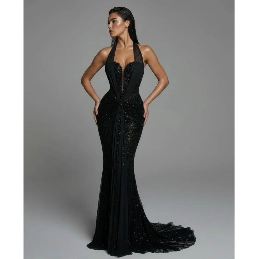 

Halter Neck Mermaid Evening Dresses Exquisite Lace Sequins Prom Dress Sweep Train Luxury Party Gown Gala Vestidos Customized