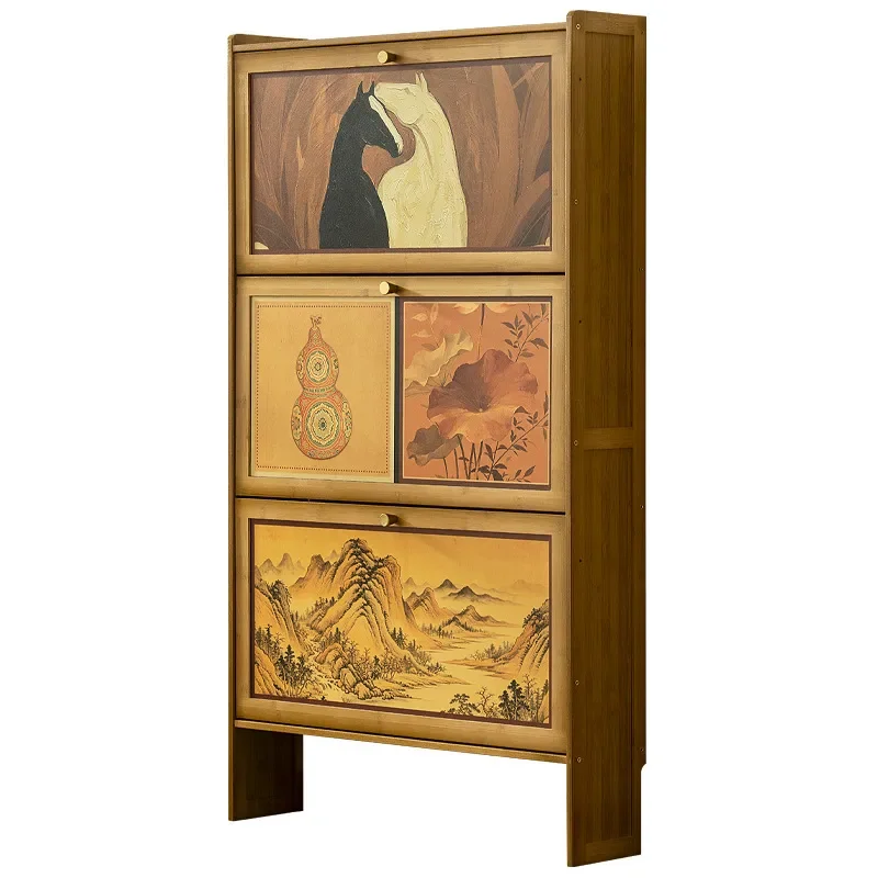 Solid Wood Ultra Thin Shoe Cabinet Narrow Entryway Storage with Tipping Bucket Door Modern Log Color Home Entrance Organizer