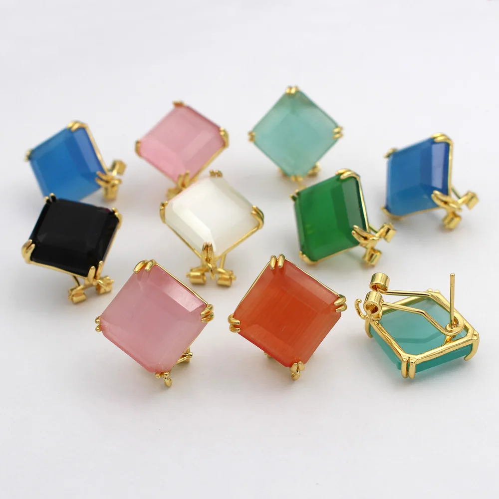 6pair Gold Plated Square Blue Green Cats Eye Stone Earrings with Open Loop Connector DIY For Women Geometric Dangle Earrings