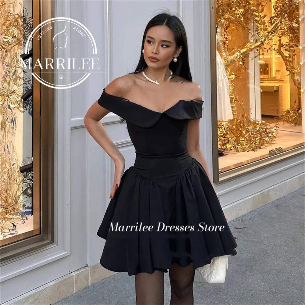 

Marrilee Sexy Mini Black Off The Shoulder V-Neck Stain Cocktail Gown Above Knee A-Line Short Pleat Spaghetti Strap Evening Dress