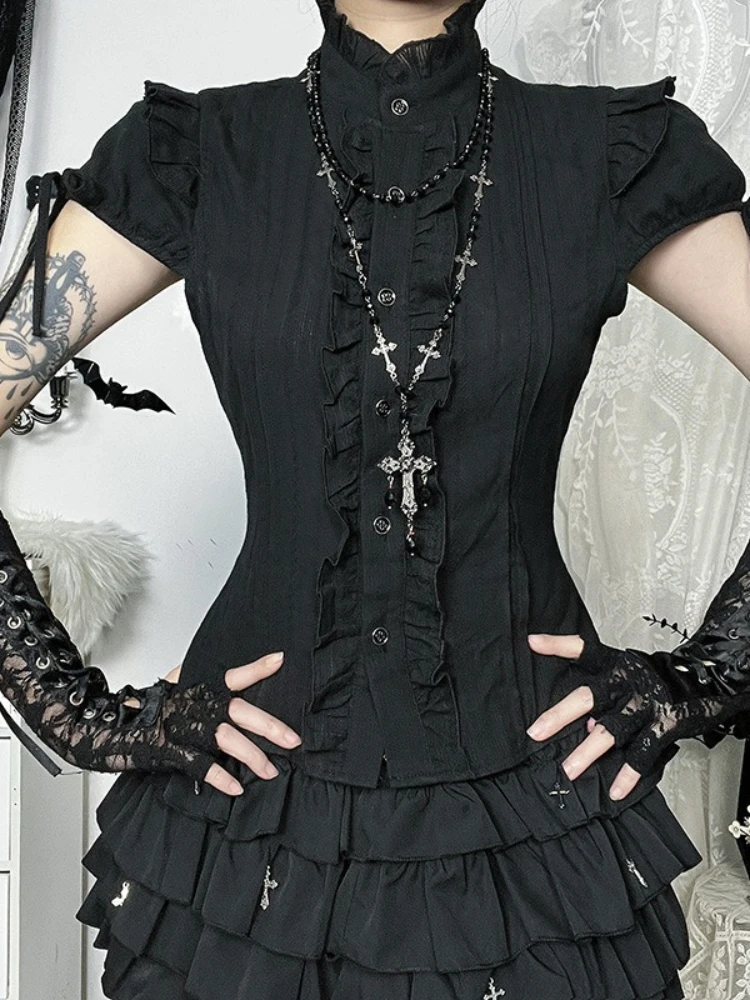 2025 Nieuwe Vintage Gothic Shirt Vrouwen Esthetische Fairycore Y2K Grunge Donkere Eetbare Boom Schimmel Patchwork Korte Mouw Blouse Vrouwelijke