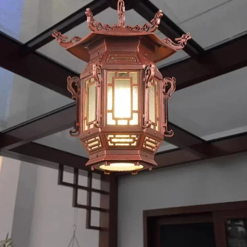 Chinese Lantern Pendant Lamps Outdoor Waterproof LED Brown Retro Chandelier for Home Hotel Corridor Decor Electricity