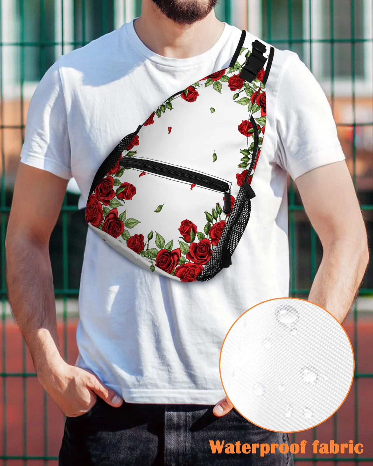 

Valentine'S Day Rose Flower Chest Bag for Men Women Casual Crossbody Bag Outdoor Travel Climb Waterproof Sling Bag