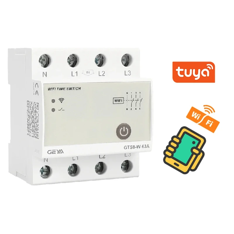 GEYA GTS8-W 4P الذكية واي فاي الوقت التبديل DIN السكك الحديدية المنزل الذكي اللاسلكية التحكم عن بعد التبديل بواسطة Tuya APP AC220V 63A