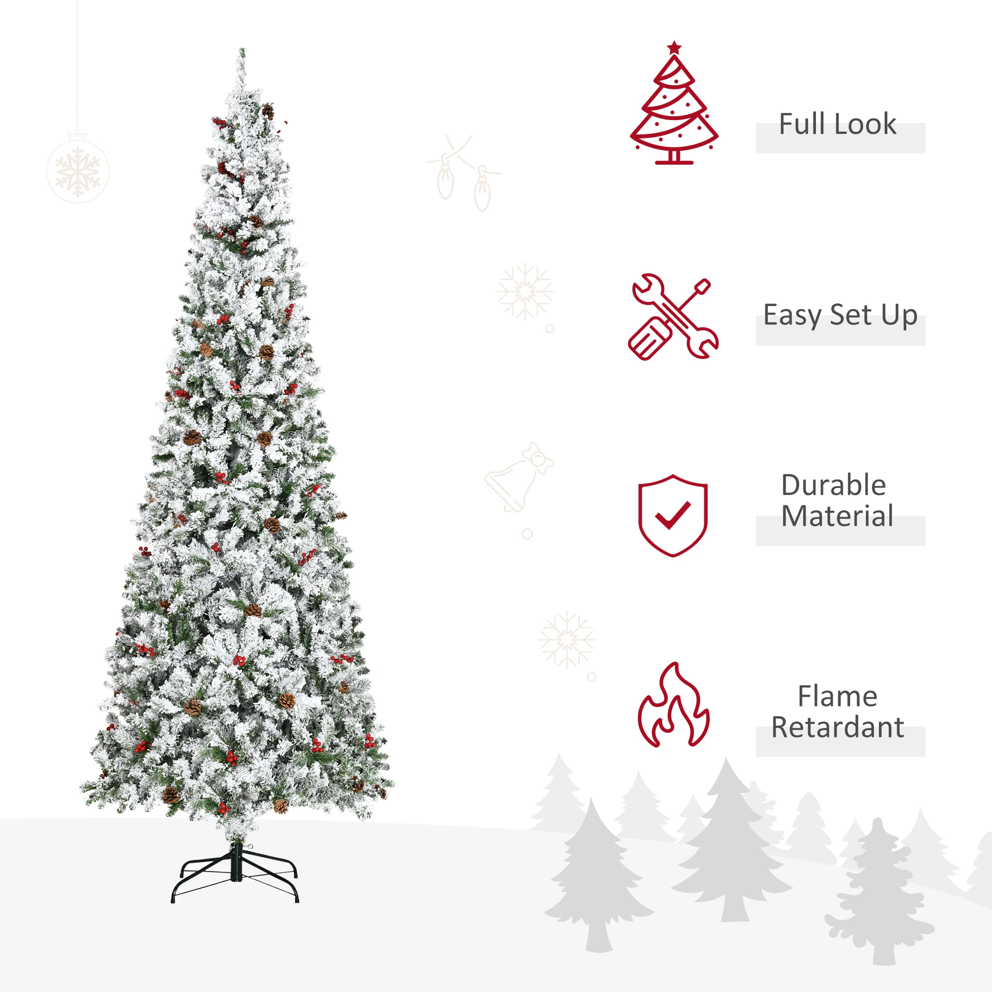 9' Snow Artificial Christmas Tree W/ 1350 Tip, Pine Cone, Red Berry, Auto Open