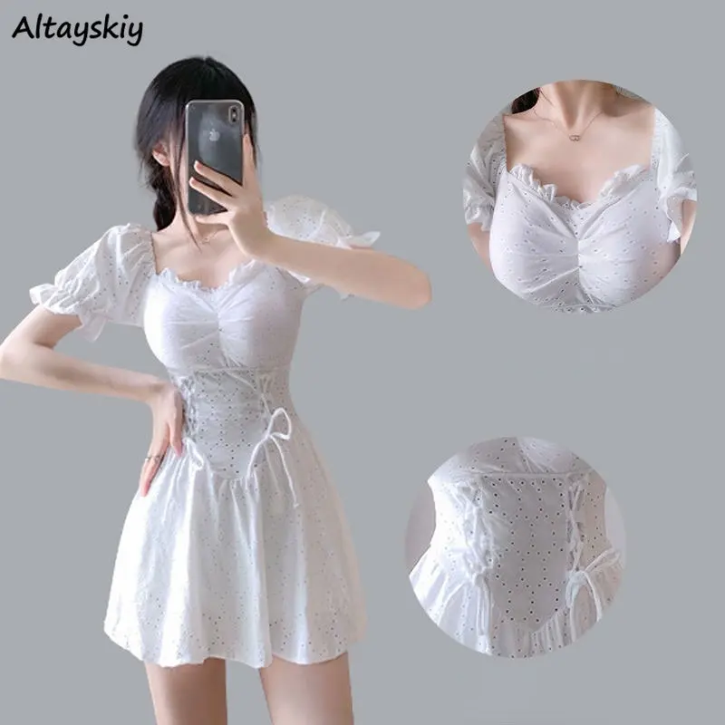 Cover-ups Women Backless Sexy Lace-up Design White Fashion Puff Sleeve Sweet Summer Beach Style Chic Holiday Bath Swimwear Ins