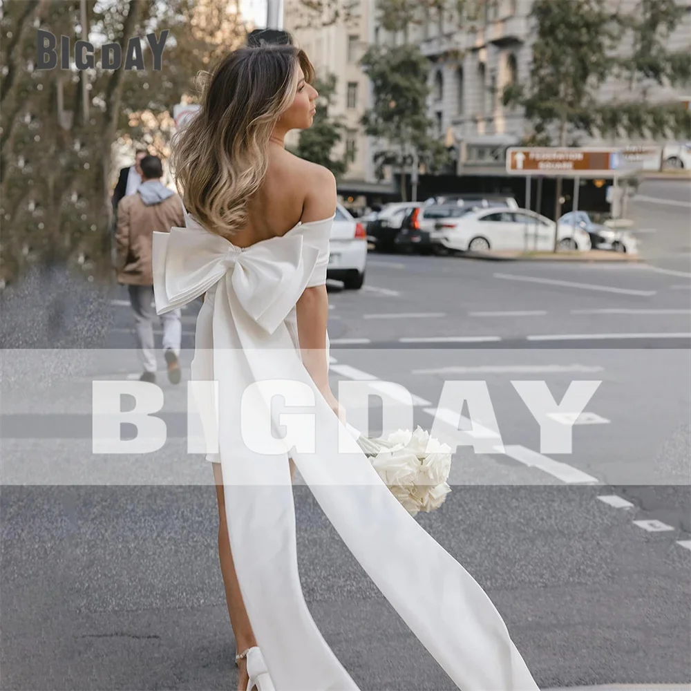 Beach Short Wedding Dresses Bows Pleat Off The Shoulder Open Back Satin Elegant Woman Bridal Gown Vestidos De Noiva Customized