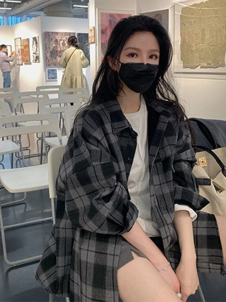 

Женский клетчатый топ в стиле ретро, весенне-осенний свободный утягивающий топ с воротником миди, корейский топ для поездок на работу, мода, Новое поступление 2023 г.