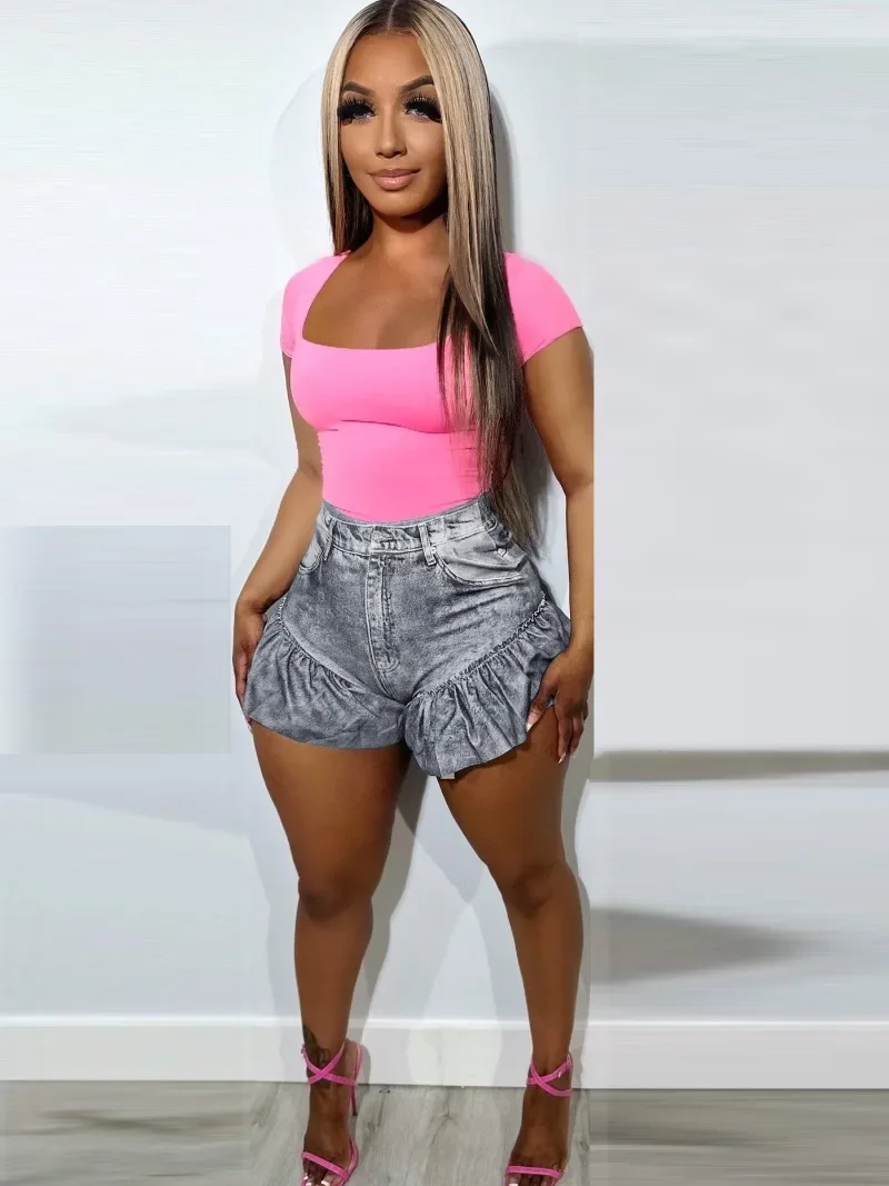 กางเกงขาสั้นทรงกระโปรงแฟชั่น GUWU ลายยีนส์แต่งระบายชาย ทรงบาน สไตล์กางเกงขาสั้นสำหรับฤดูร้อน แฟชั่นสตรีท