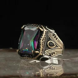 Retro Handmade Turkish Signet Rings For Men Ancient Silver Color Carved Ring Mystic Zircon Inlay New Punk Motor Biker Ring