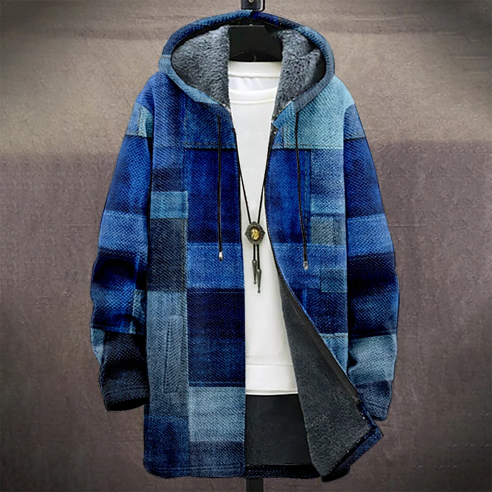 Men's Geometric Plaid Hooded Coat Fleece Lining Blue Gray Winter Jacket Patchwork Design Warm Streetwear Fashion Outerwear