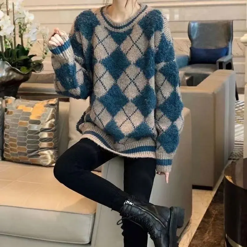 Autumn Winter Plaid Contrasting Colors Jumpers Vintage Korean Loose Women\'s Clothing Casual Round Neck Flocking Knitted Sweaters