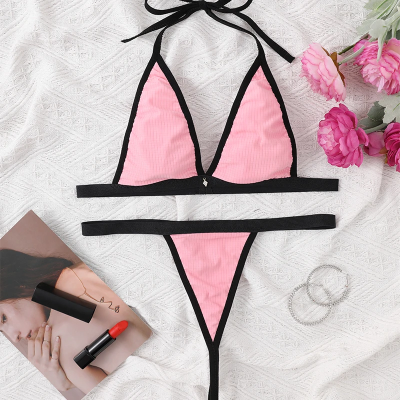 Traje de baño liso para mujer, conjunto de Bikini con sujetador y Tanga, sin almohadilla, lencería Sexy sin aros