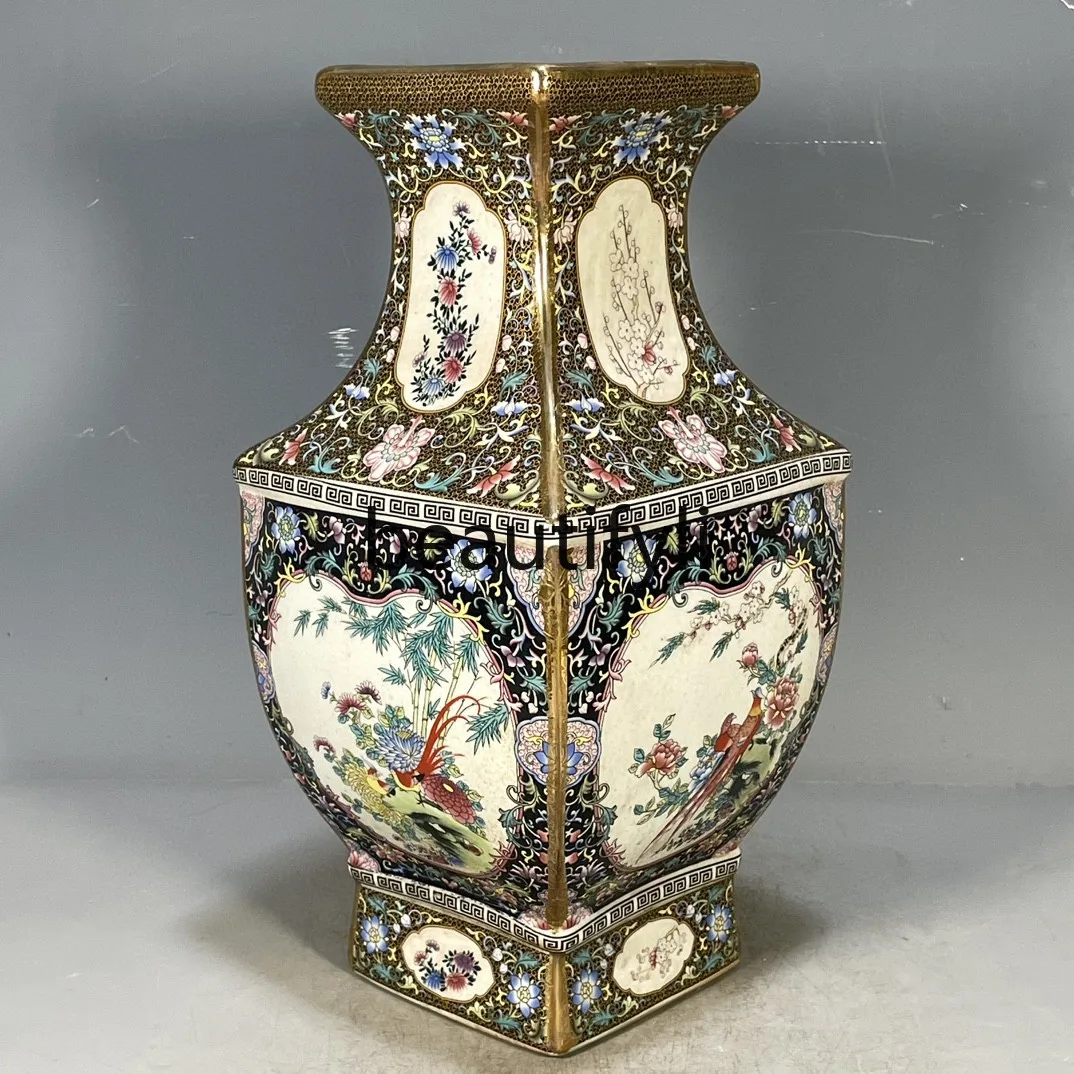 Antique porcelain enamel flower and bird pattern square bottle