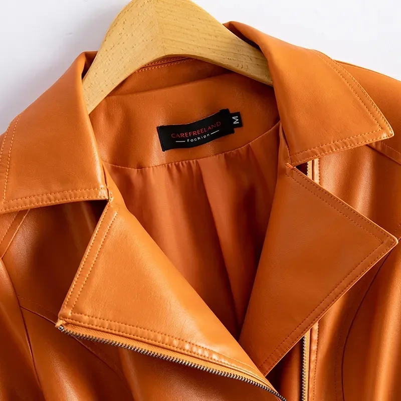الشارع الشهير المرأة الطبقة الثانية سترة جلد الغنم جلد طبيعي معطف قصير الخريف الأخضر موتو السائق ملابس خارجية JJ605