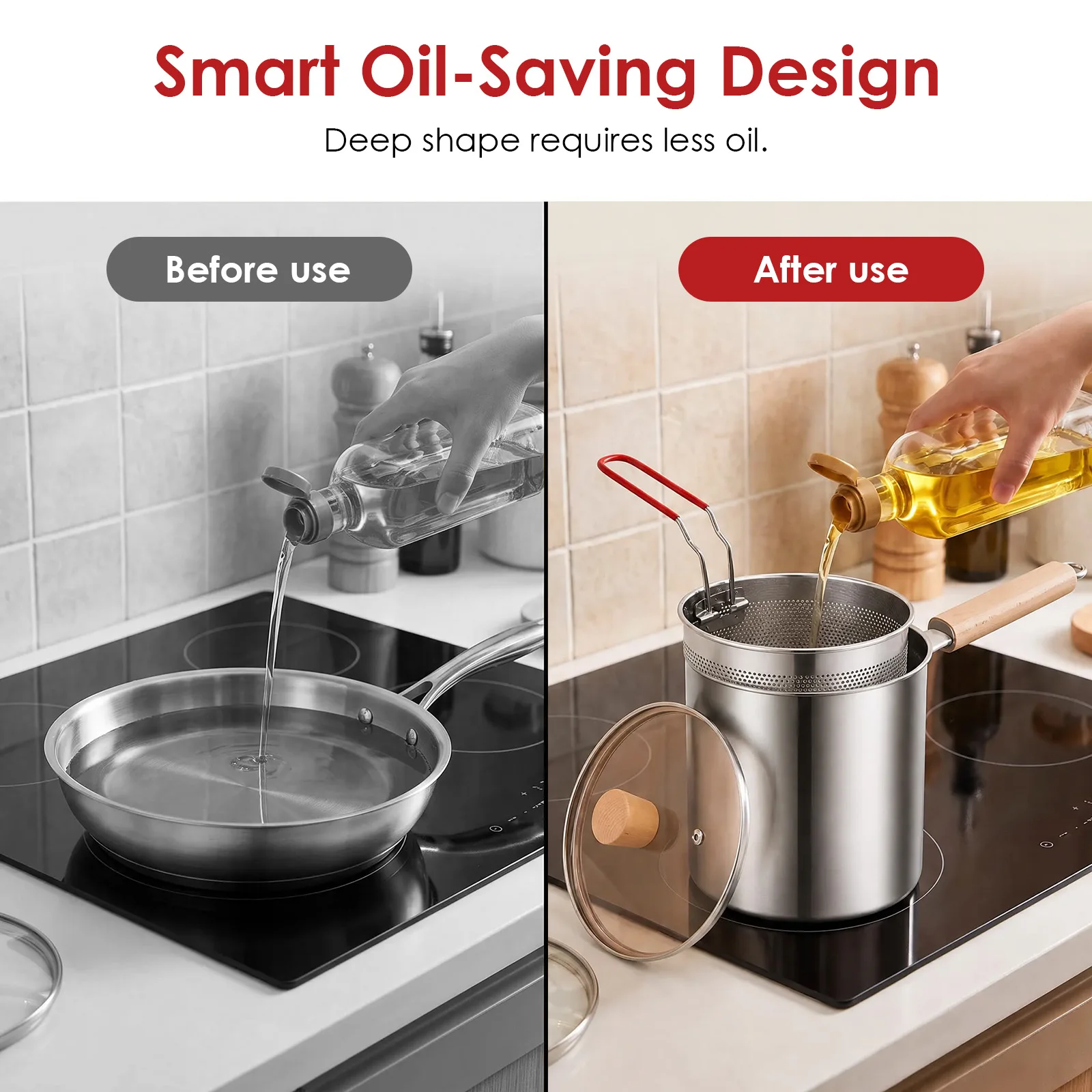Mini Deep Fryer Pot Set with Hanging Drain Basket and Glass Lid Stainless Steel Oil-saving Frying Pot for Tempura French Fries