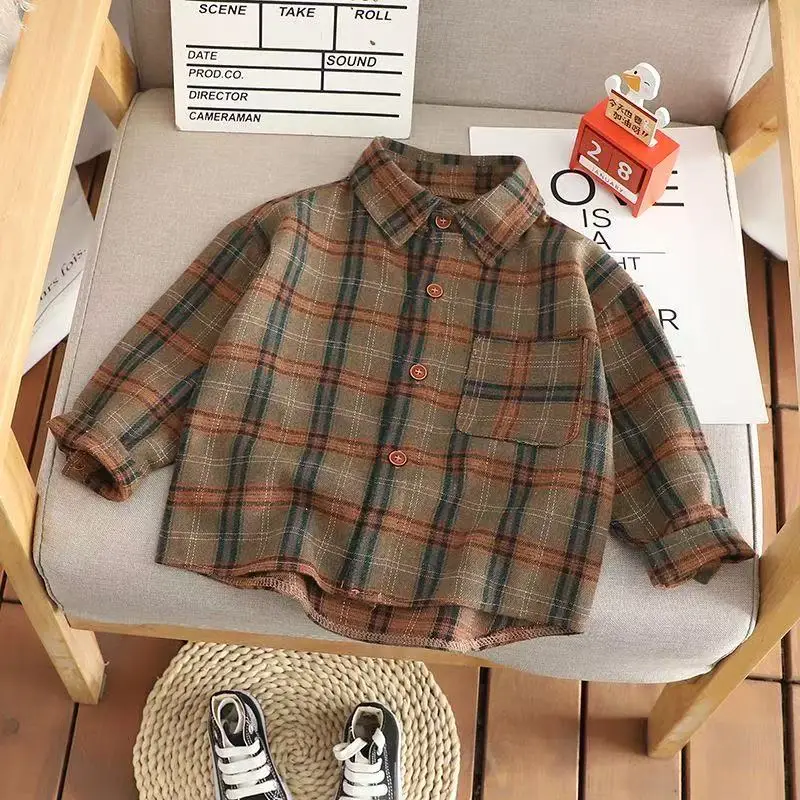 Children's Spring and Autumn Shirt 2025 New Retro Checkered Korean Edition Boys and Girls Shirt Trend 1-5 Years Old