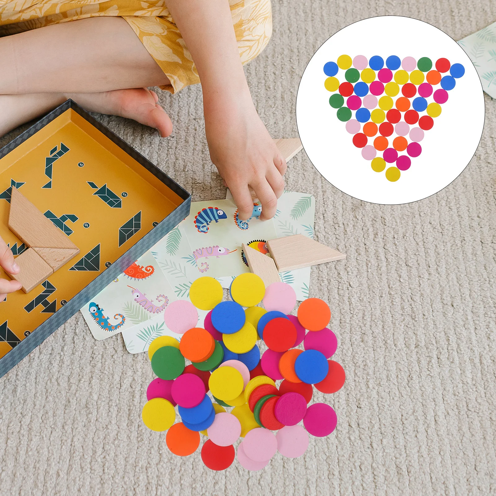 50pcs Round Wood Piece Colorful Disc Learning Tools Pupils Mathematics Teaching Aids for Kid Child Girl (Mixed Color)