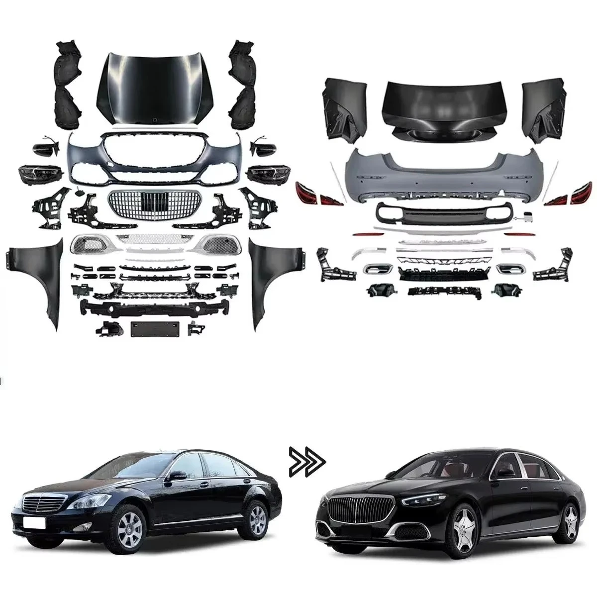 New  W212 Maybach-style Clip-on Body Kit Components Clips Front Headlights Taillights Front Bumper Engine Cover