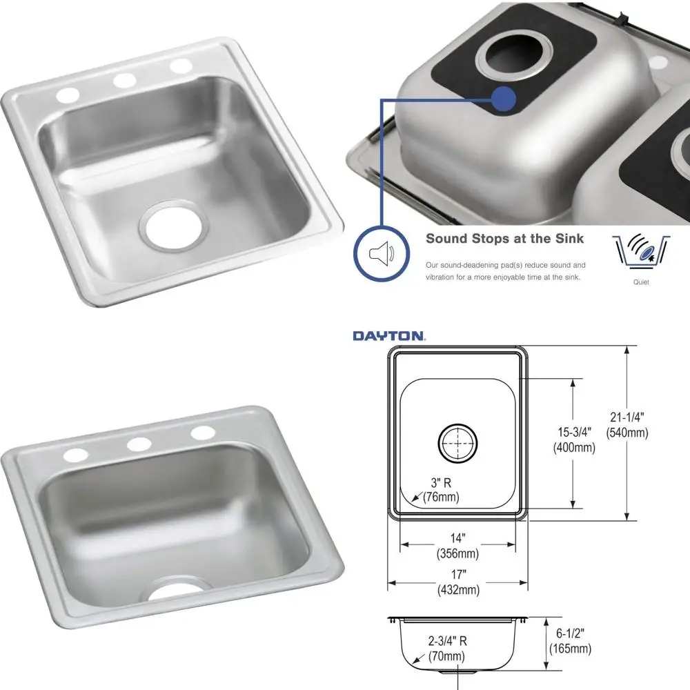 

Stainless Steel Single Basin Bar Sink for Drop-In Installation with One Faucet Hole - Dayton Style, 17-inch, Suitable for Home a