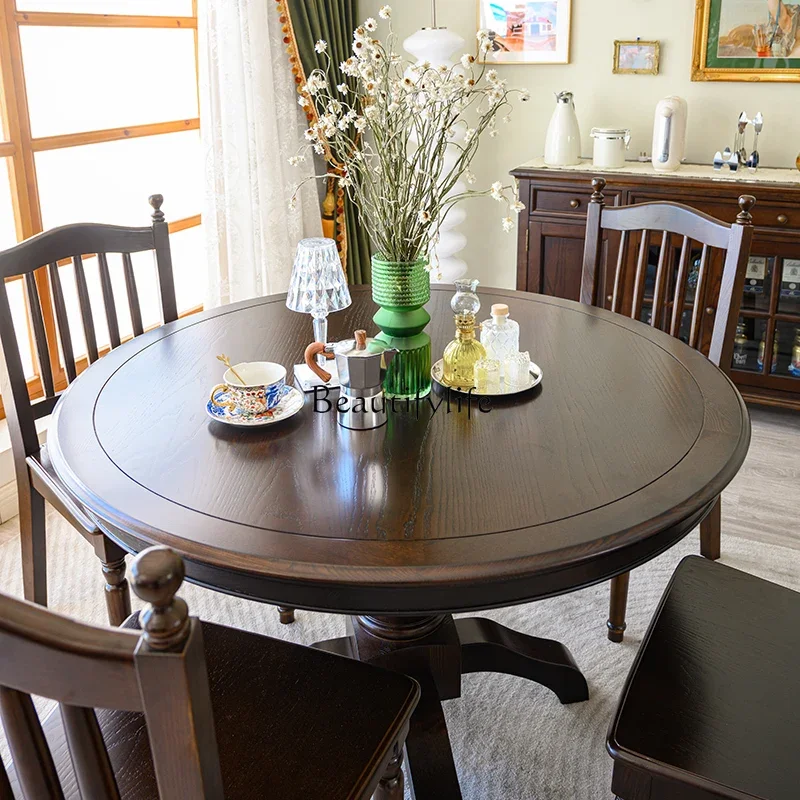 

*American solid wood round table, black walnut retro round dining table