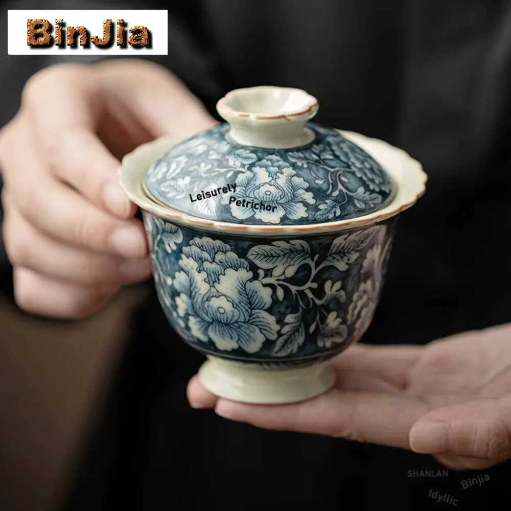 100ML Antique Ru Kiln Ceramic Gaiwan Vintage Blooming Flowers Tea Tureen Household Maker Cover Bowl Services Decoration Supplies