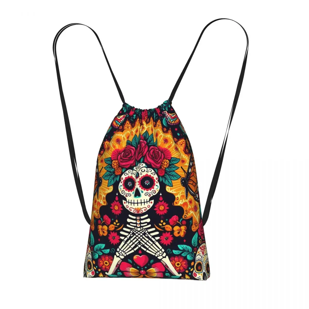 Mexican Sugar Skulls And Flowers Drawstring Backpack Sports Gym Bag Portable Travel Drawstring Bag for Men Women